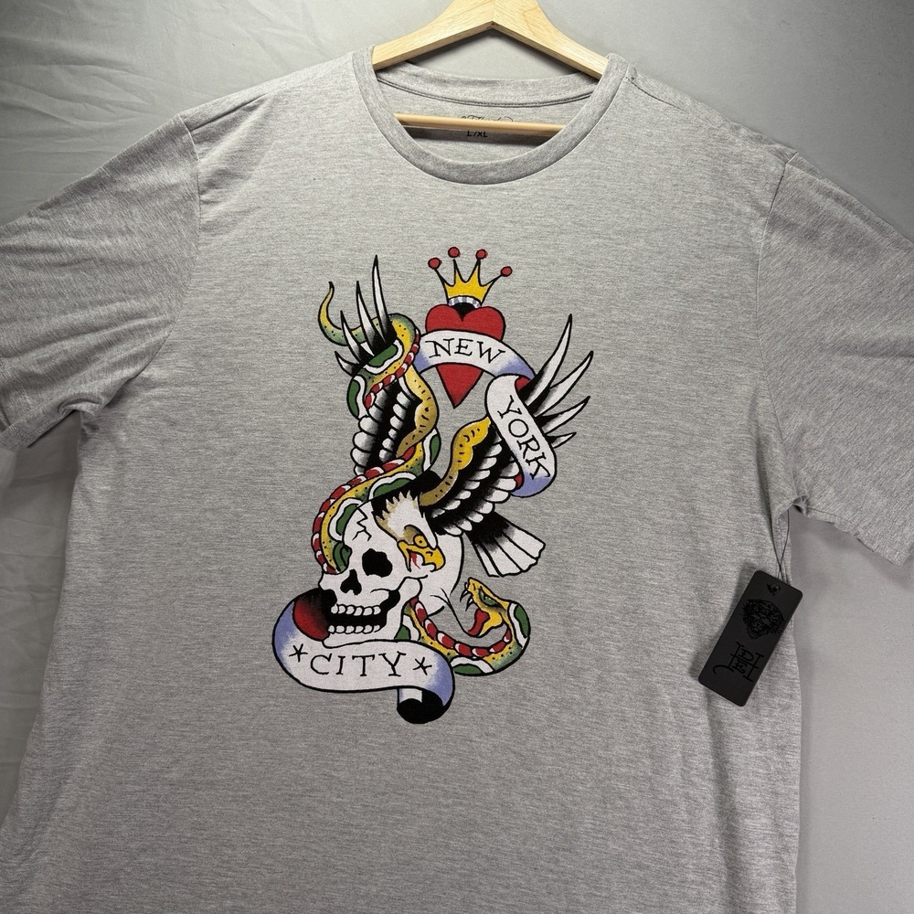 Ed Hardy Shirt Mens XL Gray Short Sleeve Graphic Print New York City Skate Y2K